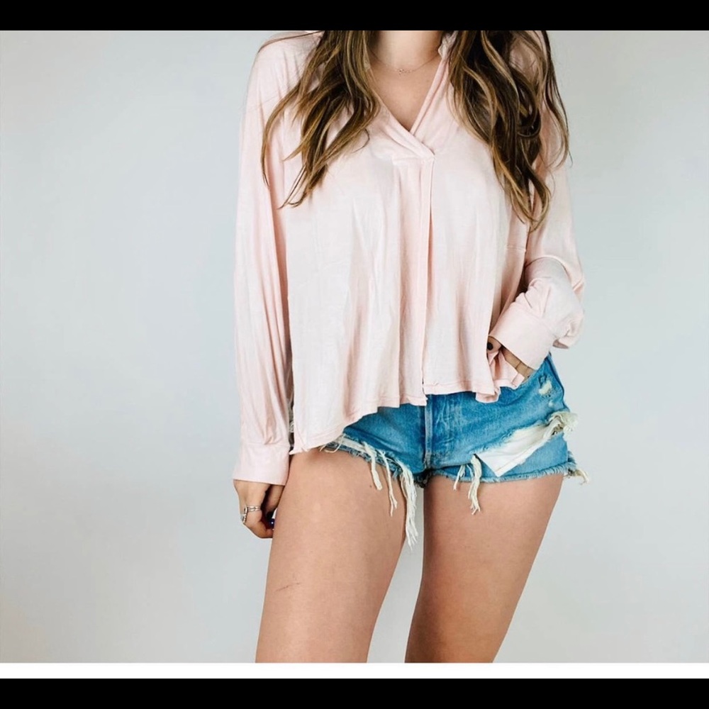 Free People pink oversized long sleeved v-neck top